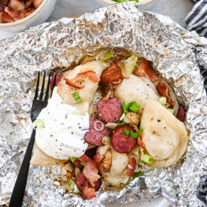 sausage perogy foil pack on plate