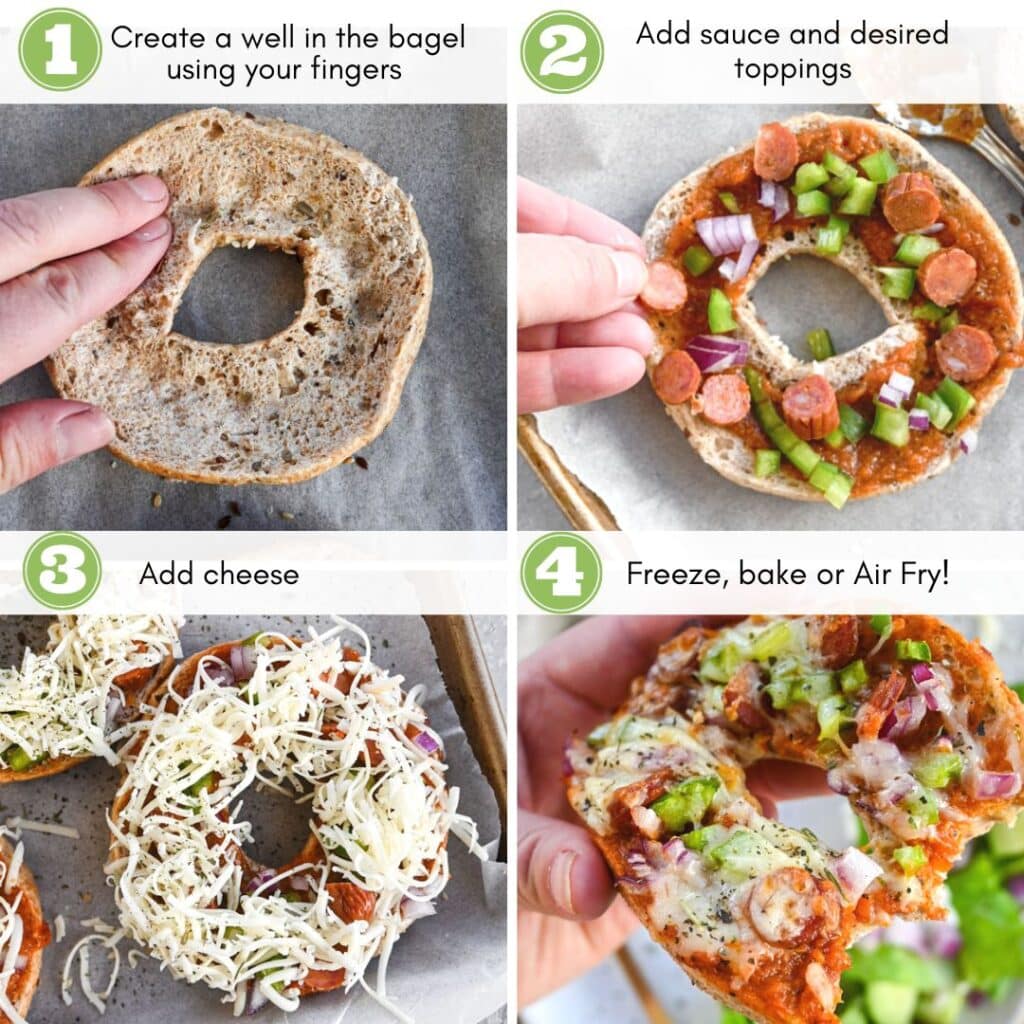 Grid photo showing step by stop how to assemble the bagel pizzas