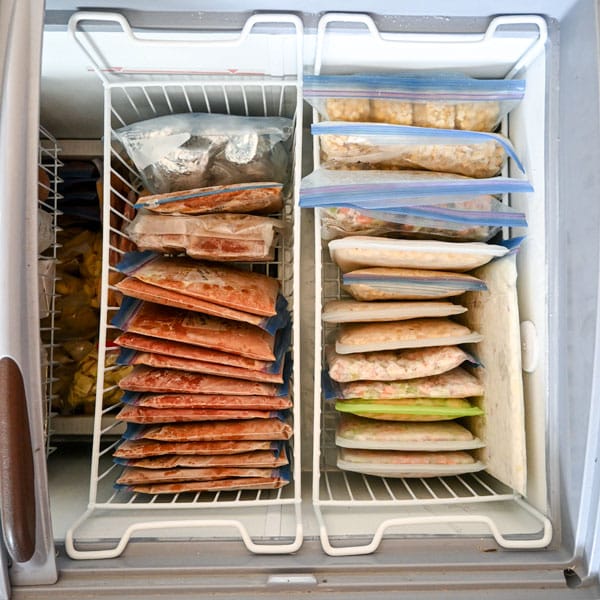 freezer pantry with veggies and sauces